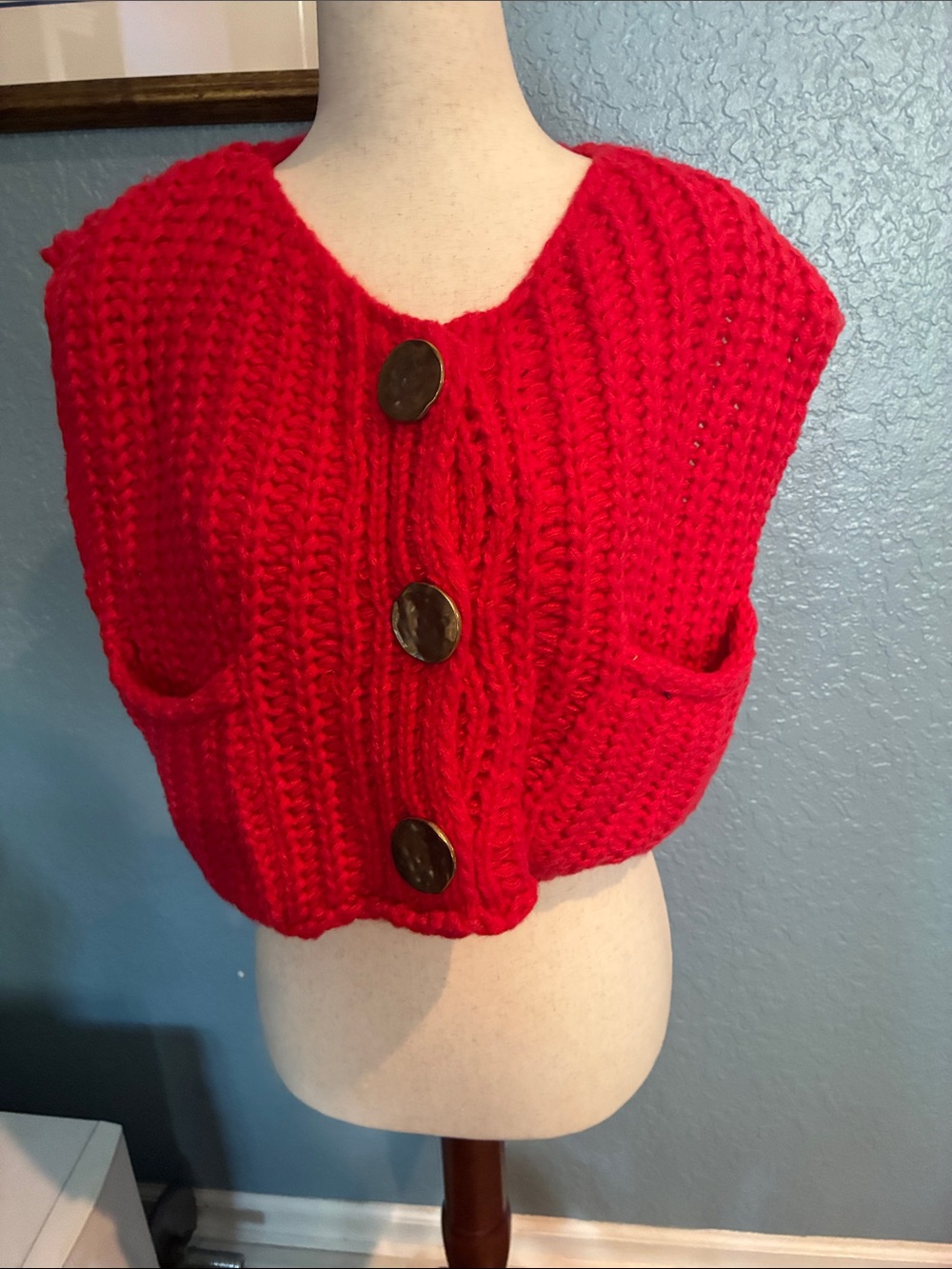 Bright Red Chunky Knit Button Front Vest